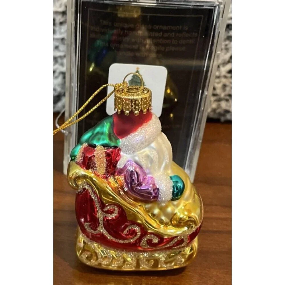 Vtg Santa Glass Christmas‎ Ornament Red Sleigh Glitter 3